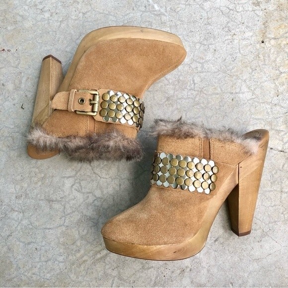 Michael Michael Kors Studded Mules Clogs Faux Fur Trim Tan Light Brown Suede 8 - Picture 2 of 8